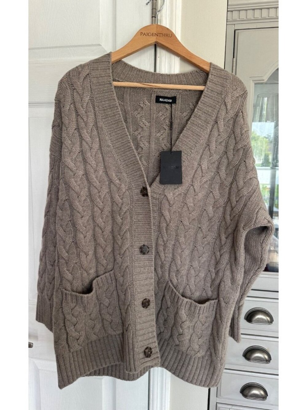Naadam XL Cable Knit Wool Cashmere Brown Cardigan Sweater Capsule NEW